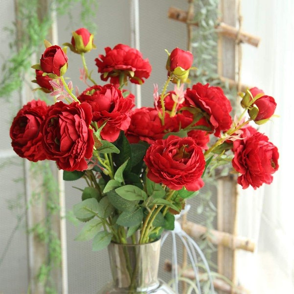 RERACO Artificial Flowers, Roses, Red, Set of 6, Rose Bouquet, Interior Decoration, Stylish, Flower Bouquet, Silk Flowers, Present, Birthday, Wedding, Flower Set (6 Red Pieces)