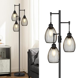 Torondo 70" Dimmable Floor Lamp with Marble Base, 3 x 800LM LED Edison Bulbs Included, Industrial Black Floor Lamps for Living Room, Rustic Tall Lamps Standing Lamp for Bedrooms Living Room