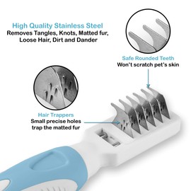 Pets First Professional Pet Mat Remover - Dematting Tool for Grooming Cats & Dogs - Removes Matted Fur, Tangles, Knots, Loose Hair & Dirt - Stainless Steel, Gentle Teeth, Soft Comfort Grip Handle,Blue