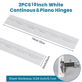 [2-Pack] 10-Inch White 304 Stainless Steel Piano Hinges,Heavy Duty 0.05-Inch Thick Continuous Hinges,2-Inch Open Width,Ideal for Modern Cabinet Doors, Display Cases & Furniture Hardware