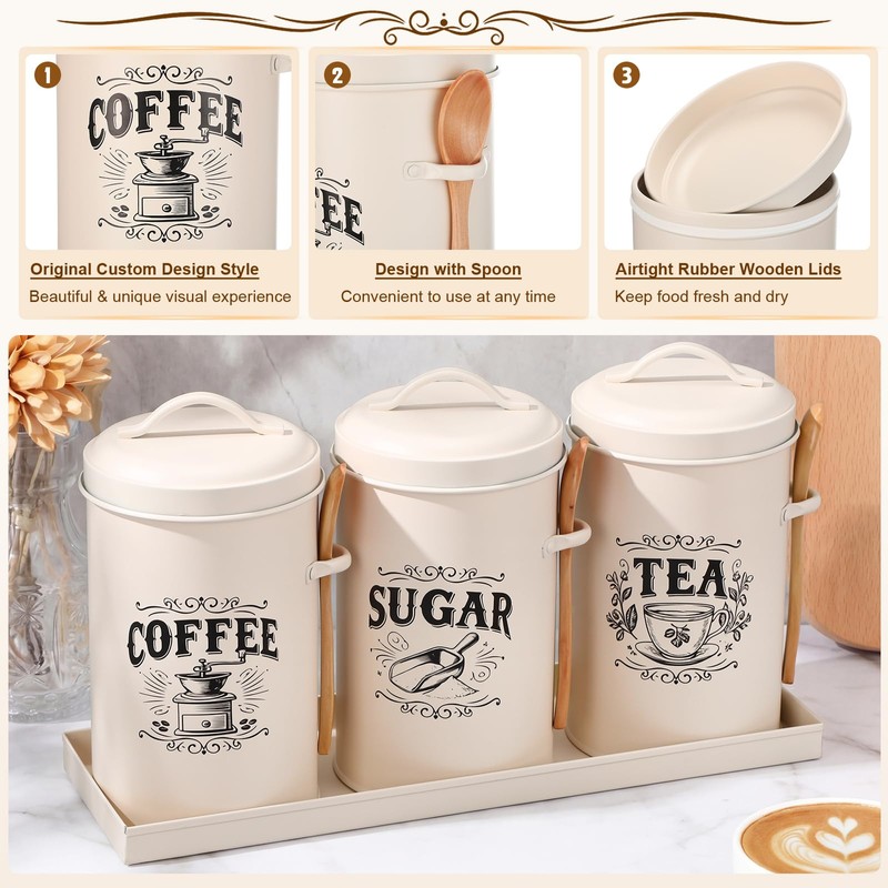 Purpeak 3 Pcs Beige Coffee Tea Sugar Container Set, Metal