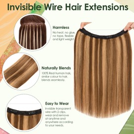 Benehair #4P27 Medium Brown Mix Dark Blonde Clip in Hair Extension on Wire 100% Remy Real Human Invisible Secret Wire Hair Extensions Straight 16 Inches (65g)