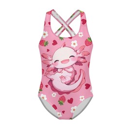 Xpyiqun Axolotl Bathing Suit Strawberry One Piece Athletic Swimwear Cute Swimsuits for Girls 9-10 Summer Kids Beach Cross Shoulder Strap Swimming Suits Back to School Outfits Practice Gym Leotard