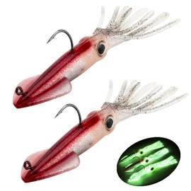 Fishing Squid Lures Kit Pre-rigged Squid Lure Glow In the Dark Squid Jig Octopus Artificial Bait Saltwater Sea Fishing Lures Sinking Lure 35g 2Pcs