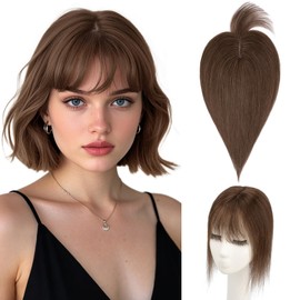Hairro Human Hair Topper with Wispy Bangs, Clips on 360° 3D Cover Real Hairpieces Lightweight, 2.25"x6" Base for Women with High Hairline/Thinning Hair, 12 Inch Dark Brown
