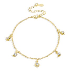 Gold Bracelet for Women, Adjustable 14K Goldpalted Charm Bracelet with Stars Moon Zircon Sparkle Friendship Bracelets Gold Beaded Charm Bracelets Chain Elegant Jewelry Gifts for Women Ladies Mom