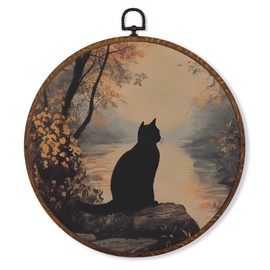 MOTERMATE Vintage Farmhouse Fall Black Cat Wall Art Decor, Fall Landscape Black Cat Canvas Prints Framed, Retro Autumn Round Wall Hanging Artwork Decorations for Home Bedroom Living Room, 10x10