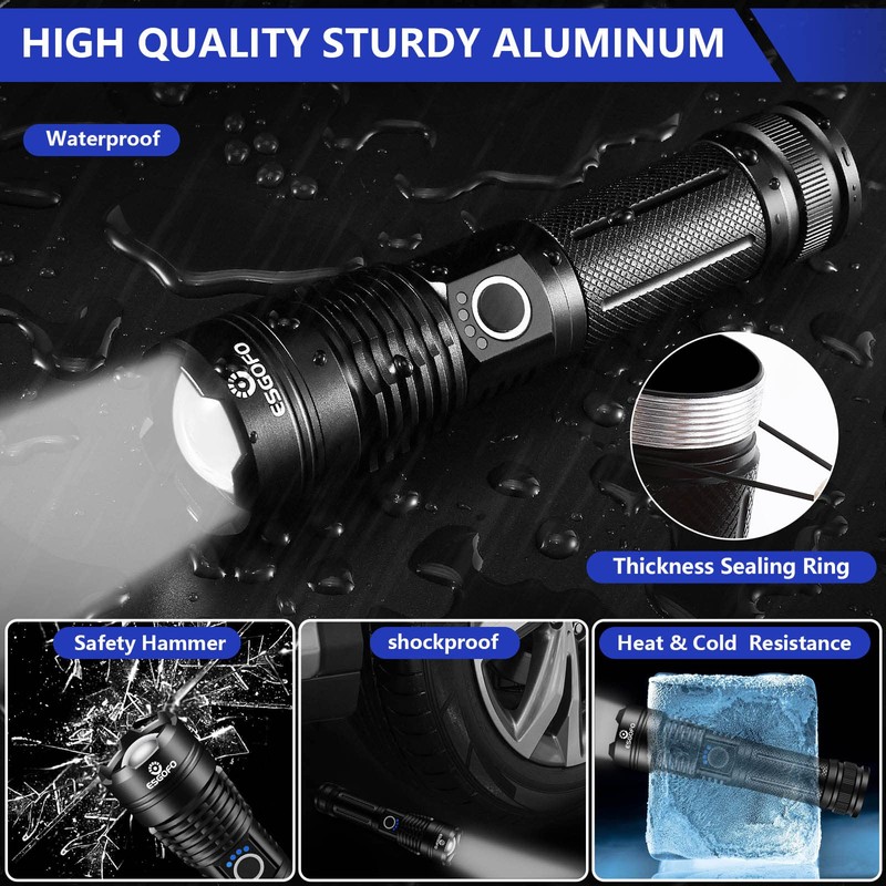 Esgofo Flashlights High Lumens 10000 Rechargeable, Super Bright Handheld LED