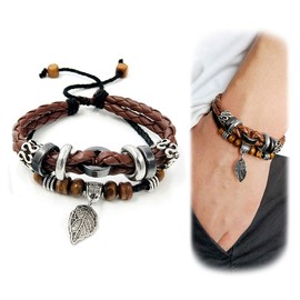 Suyi Multilayer Adjustable Leather Woven Braided Bangle Cross Bracelet Leaf Wrist Cuff Wristband Lcoffee