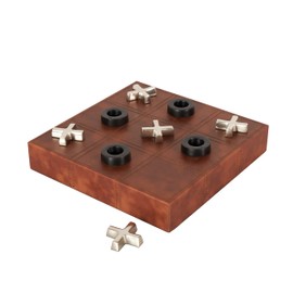 Deco 79 Faux Leather Tic Tac Toe Home Decor Game Set Decorative Board Game with Black and Silver Pieces, Board Game 12" x 12" x 3", Brown