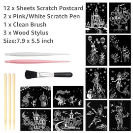 Scratch Art Paper, Rainbow Night View Scratchboard Pads for Adults and Teen, Mini Envelope Postcard Art & Crafts Set: 12 Sheets Scratch Cards & Scratch Drawing Pen, Clean Brush 7.9"x5.5" (Dreamtopia)