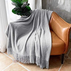 LOMAO Knitted Throw Blanket with Tassels Bubble Textured Lightweight Throws for Couch Cover Home Decor (Light Grey, 50x60)
