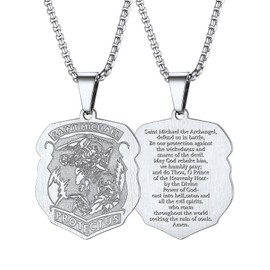 FaithHeart St Michael Necklace for Men, Stainless Steel Christian Protector Medal, Saint Michael the Archangel Pendant Necklace Silver