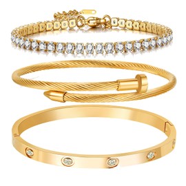 A D. ALLEN & DANMI. A D. ALLEN & DANMI. A D. 18 K Gold Plated Love Bangle Bracelet Set Stackable Cubic Zirconia Chain Bracelet Stainless Steel Chain Gold Bangle Bracelets for Women (3 Sets(Tennis,Bangle))