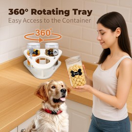 HOYTAMDAR 360° Rotating Dog Treat Container Airtight Dog Treat Holder Wood,3 Pack Dog Food Storage Container Countertop 3.8x7,Pet Food Container for Dog Treats Storage,Labels,Spoon,Food Tong,Pen