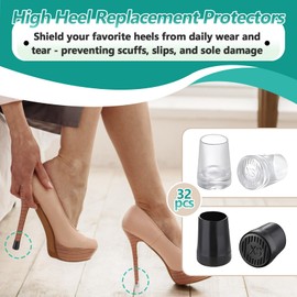 16 Pairs (32 Pcs) High Heel Replacement Protectors - Round High Heel Caps for Women's Shoes, Heel Covers in 2 Colors (Black/Clear) & 4 Sizes (XS/S/M/L), Perfect for Wedding, Party, Outdoor Events