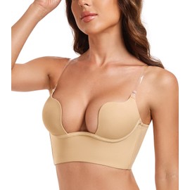 JOATEAY Deep Plunge Low Back Bra for Women Backless Underwire Padded Bra with Convertible Clear Straps (Nude,38D)