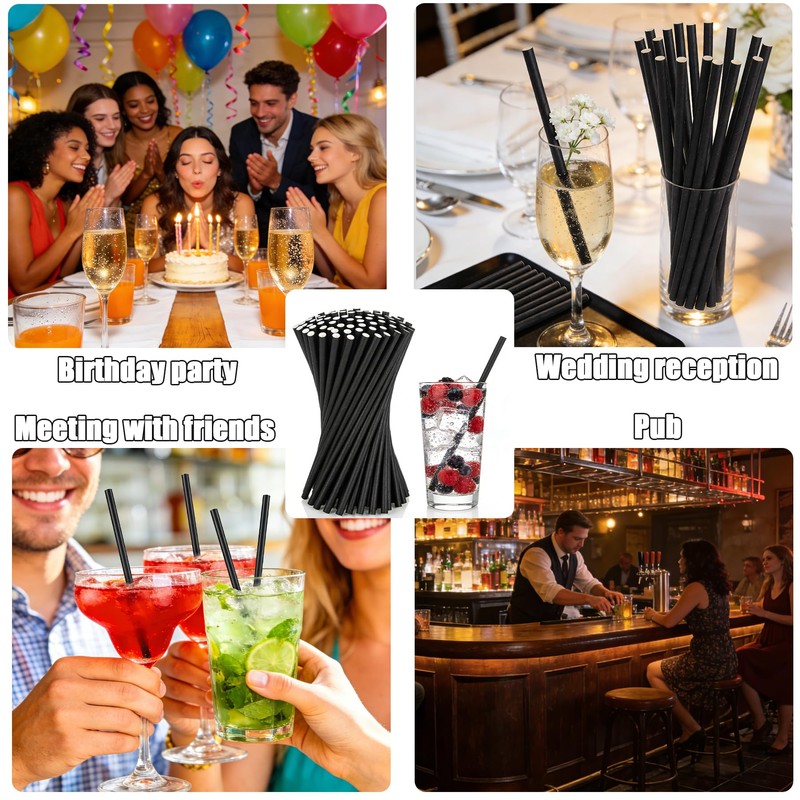 juajua Black Paper Straws, 197 x 6mm Biodegradable Paper Straws,600