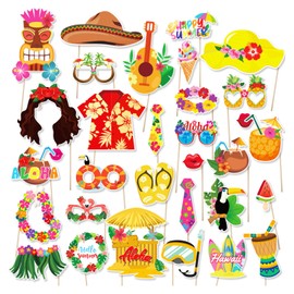 30Pcs Hawaiian Summer Photo Booth Props Kit Tropical Beach Pool Party Decorations Happy Summer DIY Selfie Accessories for Family Celebrations Luau Vacation Themes