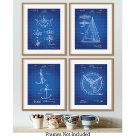Sailing Patent Wall Art Prints on Blue Grid Background - set of Four (8x10) Unframed - wall art decor for sailors and boat fans