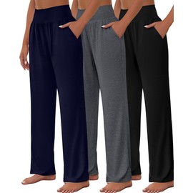 Neer 3 Pcs Women's Wide Leg Yoga Pant Comfy Loose High Waist Lounge Waist Lounge Casual Athletic Workout Joggers Apparel(XX-Large,Black,Light Grey,Navy Blue)