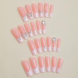 ANDGING French Tip Press on Nails Square Medium Long Fake Nails Glue on Nails with Rhinestone Butterfly Design Acrylic Women False Nails for Wedding Birthday Manicure Gel Stick on Nail with Glue AD68