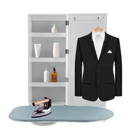 Wall Mount Ironing Board, Foldable Hiding 180° Swivel Ironing Board with 4 Spacious Storageshelve, Multifunctional Bathroom Cabinet with Mirror, White Ironing Board Cabinet