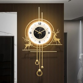 HEBOIX Gold Wall Clock for Living Room,Large Gold Decorative Wall Clock with Light,Creative Silent Wall Clocks Decorative for Kitchen/Entryway/Bedroom/Office/Dinning Room Metal Wall Decor