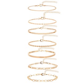 GAFATORY Gold Ankle Bracelets for Women Waterproof 7 PCS 14K Gold Plated Cuban Figaro Link Chain Anklets Set Summer Beach Jewelry for Women Adjustable Size