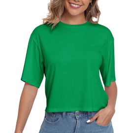 PRIMODA Women's Loose Fit Cropped T Shirts Crew Neck Half Sleeve Crop Tops Patrick's Day Kelly Green Tee Shirts, S