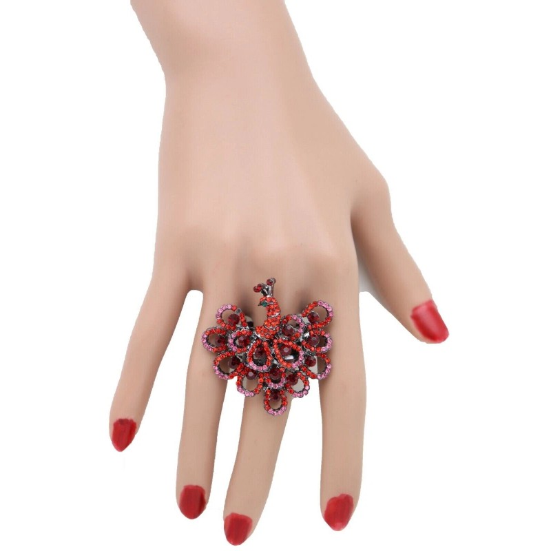 Unbranded Women Peacock Ring Red Pink Animal Feathers Metal Elastic