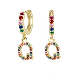 Qings Hoop Earrings with Pendant Letters A-Z Gold-Plated 925 Sterling Silver Dangle Earrings with Coloured Zirconia Hypoallergenic Charm Letter Earrings Jewellery for Girls, Women, Sterling Silver 925