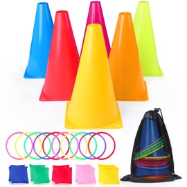 3 in 1 Carnival Outdoor Games Combo Set, Cornhole Bean Bags Ring Toss Game for Kids Adults Birthday Party Backyard Games Obstacle Course Supplies Plastic Cone Set 26 Piece