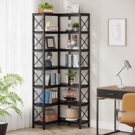 Tribesigns 7-Tier Corner Bookcase, Industrial Large Corner Bookshelf, 7-Shelf Tall Shelf Storage Display Rack with Metal Frame for Living Room Home Office, Black