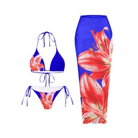 GORGLITTER - Traje de baño de 3 piezas para mujer, estampado floral, triangular, lazo lateral, conjunto de bikini con falda cubierta, Azul y rojo, Large