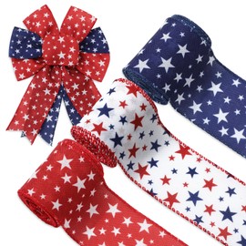 JarThenaAMCS Patriotic Star Wired Edge Ribbon Red Blue White Star Ribbon 4th of July Independence Day Fabric Ribbon for Wreath Bow Making DIY Crafts Wrapping, 3 Rolls, 18 Yard
