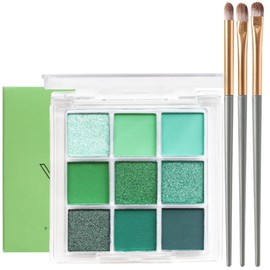 Green Eyeshadow Palette, Glitter Eyeshadow Eye Make-Up, Bright Light Green Dark Green, Shimmer Matte Highly Pigmented Blendable Smoky Eye Shadow Pallets for Women with 3 Brushes