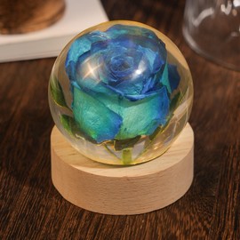Blue Rose Crystal Ball Night Light - Real Rose Encased in Glowing Resin Ball, USB-Powered Desk Lamp with Wood Base, Unique Gift for Valentine's Day, Mother's Day & Home Decor