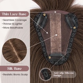 MY-LADY Human Hair Toppers for Women Real Human Hair with Bangs Thin 8 * 10CM Lace Silk Base Clip in Remy Hairpieces Hand-Tied Light Weight 12 Inch Dark Brown