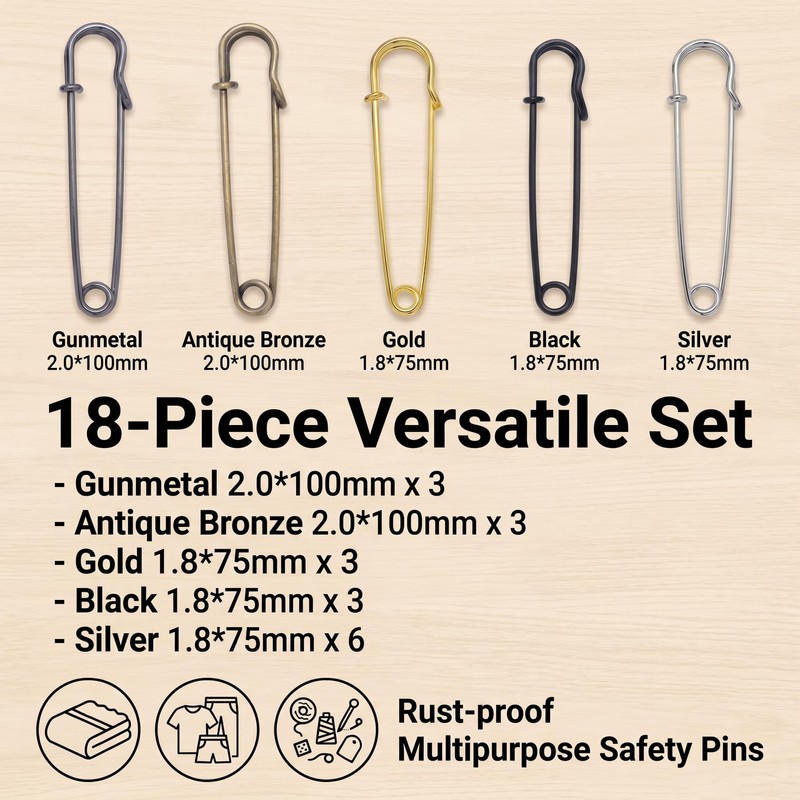 18Pcs Large Safety Pins Heavy Duty for Clothes, Blankets &