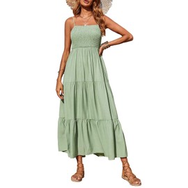 PRETTYGARDEN Women's Summer Maxi Dress 2024 Casual Boho Sleeveless Spaghetti Strap Smocked Tiered Long Beach Sun Dresses (Bean Green,S)