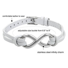 OIDEA Unisex Bracelet Infinity: Men Women White Leather Bracelet Charm Infinity Symbol Bangle Bracelet Stainless Steel Leather Adjustable Gift for Men Women Girls Boys, Leather Stainless Steel,