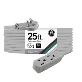 GE 3-Outlet Flat Extension Cord 25 Ft Grounded 3 Prong Extender Flat Plug Power Strip Indoor 16 Gauge UL Listed Gray 43025