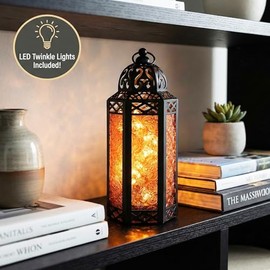 Vela Lanterns Portavelas de Metal marroquí Decorativo con Luces LED para Interior del hogar, centros de Mesa de Halloween, Patio o Porche al Aire Libre, Bodas, ámbar, Mediano