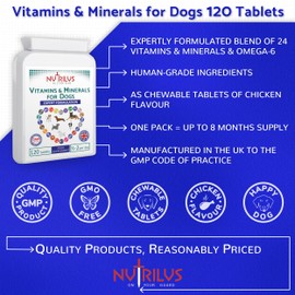 Vitamins and Minerals for Dogs - 120 Chewable Chicken Flavour Tablets - 24 Vitamins, Microelements and Omega 6 - Skin, Fur, Heart, Bones, Brain, Energy