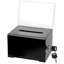 QWORK® Black Acrylic Donation Box With Lock and Sign Holder - Secure Ballot, Suggestion, Tip Container for Voting and Raffles - 6.3 x 4.8 x 4 Inch