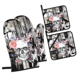 Gothic Skull Flower Oven Mitts and Potholders Professional Heat Resistant Cotton Oven Mitts Kitchen Gloves 4 Piece Set