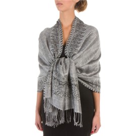 Sakkas Border Pattern Layered Reversible Woven Pashmina Shawl Scarf Wrap Stole - Black White