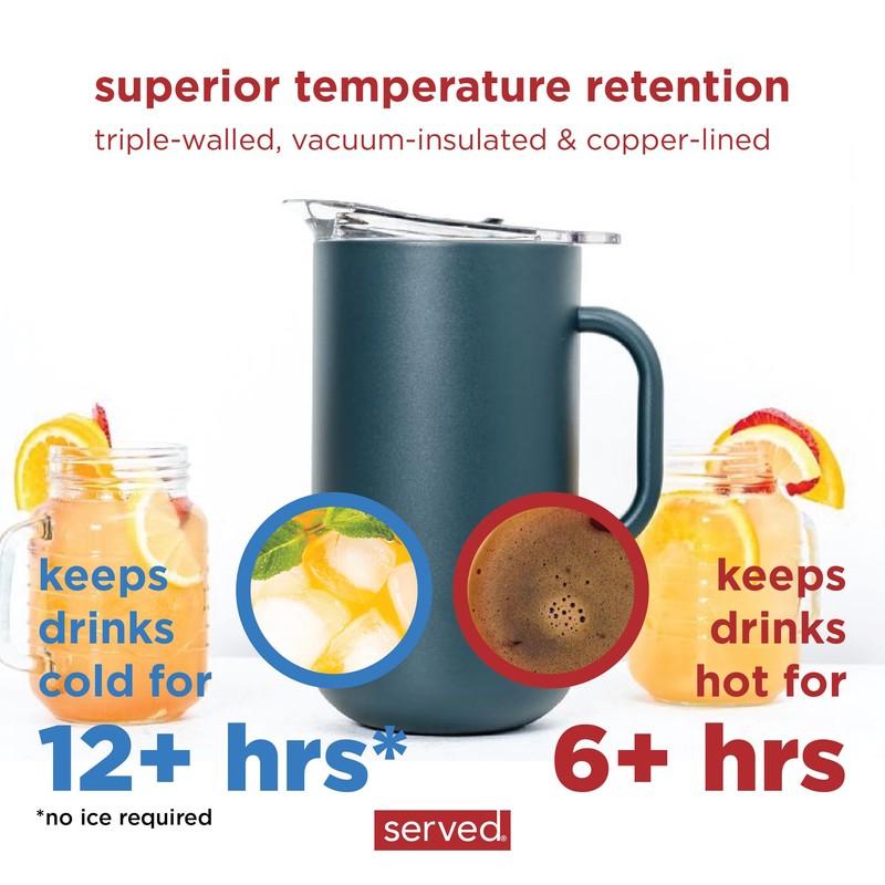 Served Premium Insulated Pitcher (2L/66oz) - Double Walled, Copper Lined