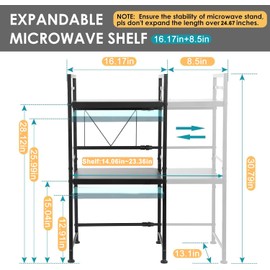 DOLALIKE Expandable Microwave Rack, Countertop Kitchen Utensils Tableware Storage, Carbon Steel 3 Tier Shelf with 3 Hooks